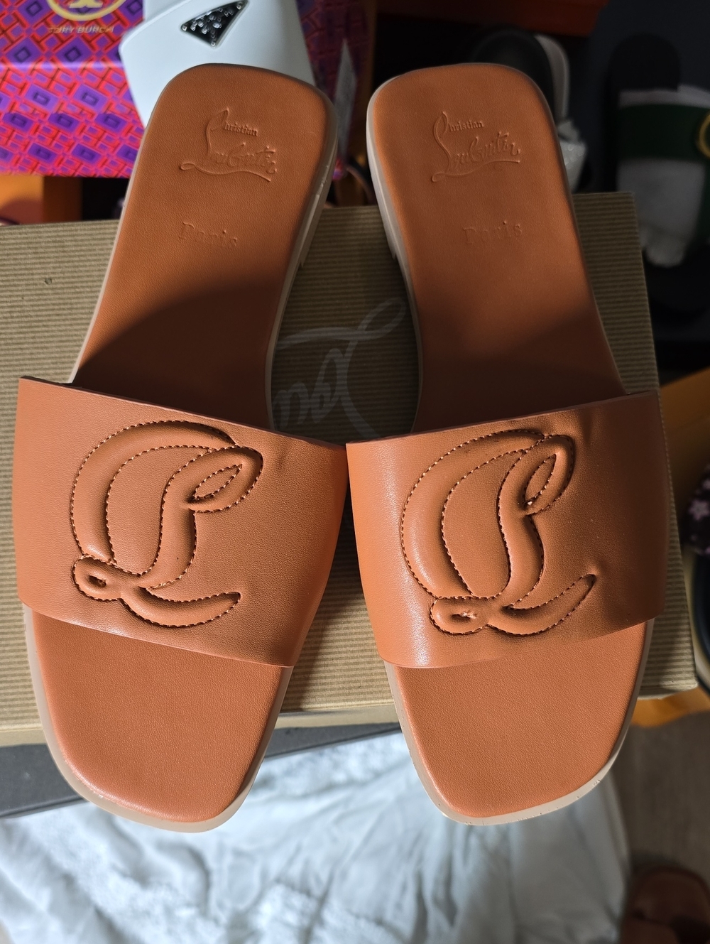 Christian Louboutin Tan Leather Slide Sandals with Embossed CL